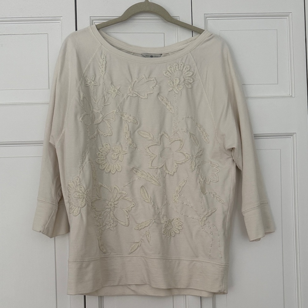 Lucky Brand Cream Floral Embroidered Sweater